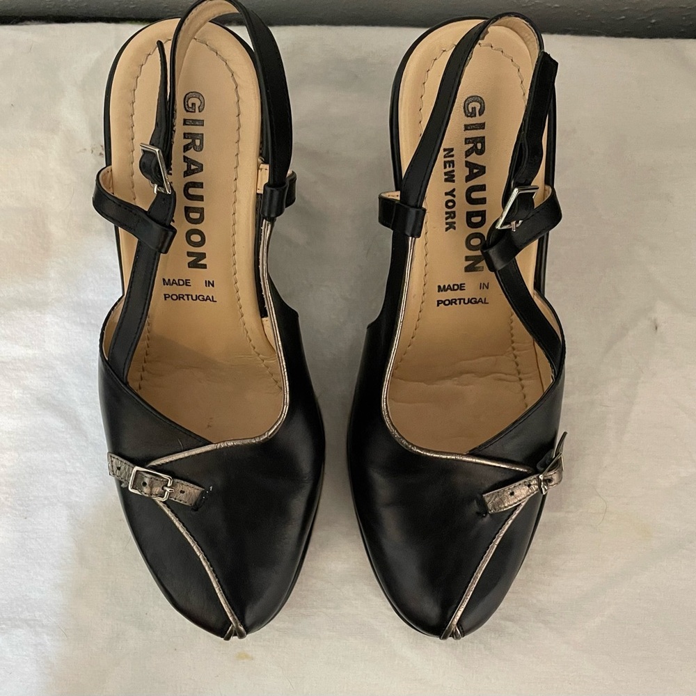 Giraudon, 38, Leather Wedge Slingback, Black. Wear marks only on bottom.